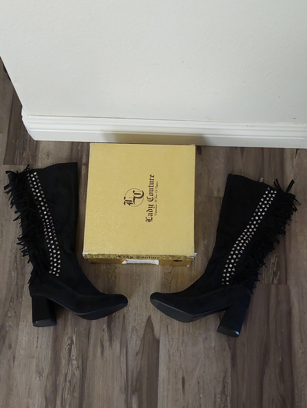 NIB Lady Couture East Village Black Fringe Stud Knee High Boots